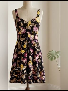 Free People Black Floral Mini Dress with Yellow and Purple Blooms